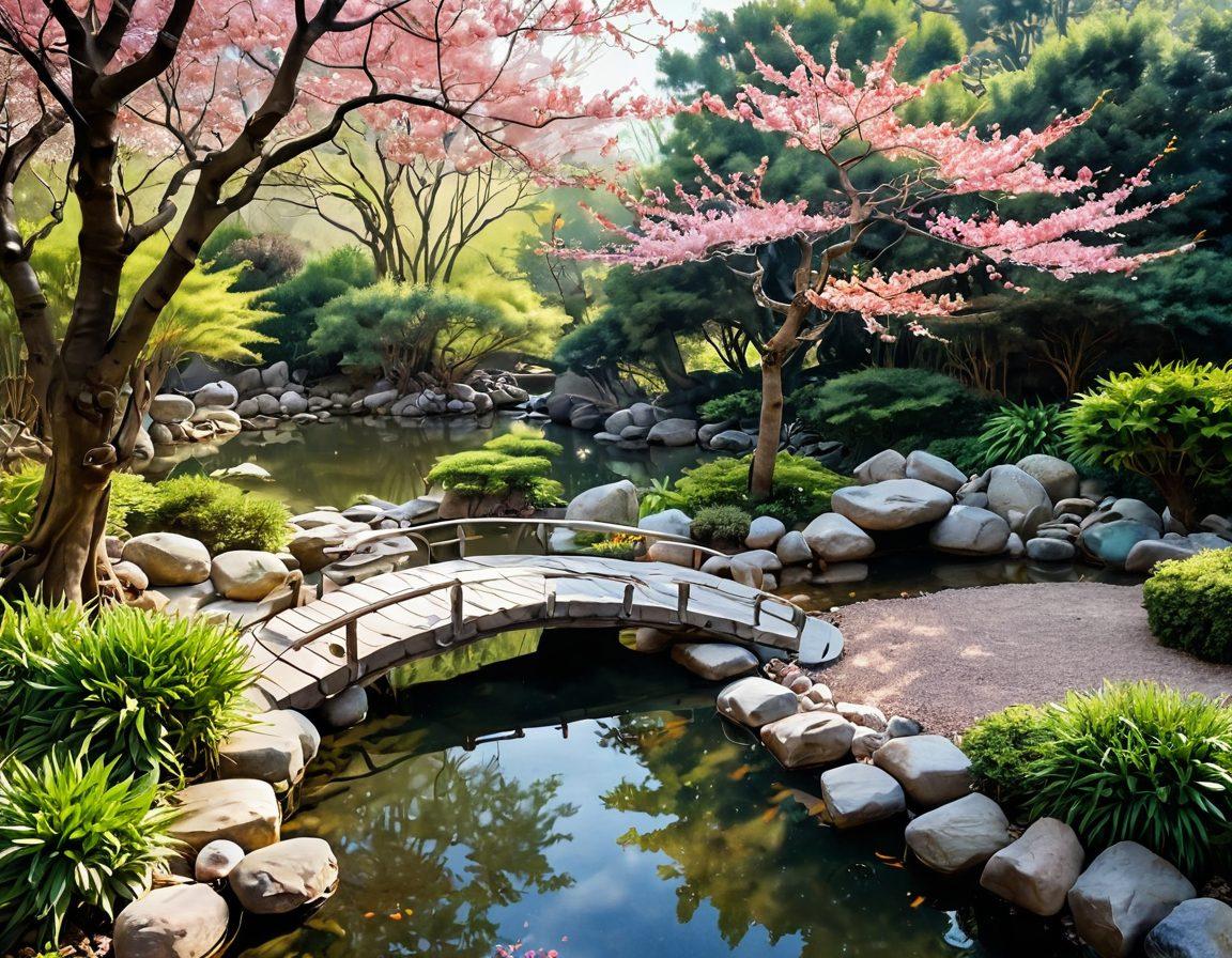 A serene landscape depicting a tranquil Taoist garden with blooming cherry blossoms, a gentle stream reflecting the light of a setting sun, and a lone practitioner meditating by a koi pond. The scene should exude peace and harmony, with soft, flowing lines and ethereal light illuminating the surroundings. Elements of traditional Taoist symbols, like the yin-yang and a bamboo grove, should be subtly integrated. watercolor painting, vibrant colors, soft focus.