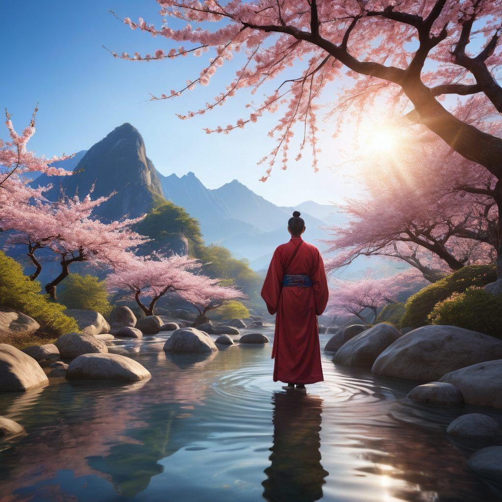 A serene mountain landscape at sunrise, featuring a meditative figure in a traditional Taoist robe, surrounded by flowing water and blooming cherry blossom trees. The scene embodies tranquility and joy, with soft rays of sunlight illuminating the path ahead. Include symbols of Taoist philosophy like the yin-yang and flowing chi energy. super-realistic. vibrant colors. 3D.