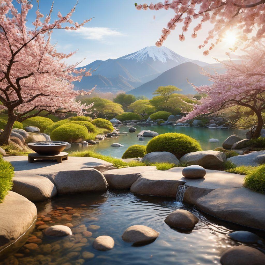 A serene landscape blending a tranquil zen garden with flowing water and lush greenery, where a meditative figure embodies calmness amidst nature. Soft, warm sunlight filters through delicate cherry blossoms, creating an ethereal glow. In the background, a distant mountain symbolizes eternal bliss and balance. Symbolic elements of yin and yang subtly integrated into the scene. super-realistic. vibrant colors. peaceful ambiance.